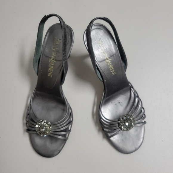 Yves Saint Laurent Grey Silver Heels with Crystal Embellishments. - Picture 1 of 16